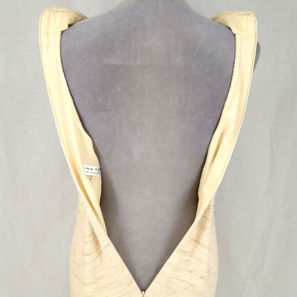 Trina Turk Dress Womens 6 Beige Silk Tweed Embroidered Neckline Racerback Lined - Picture 15 of 16